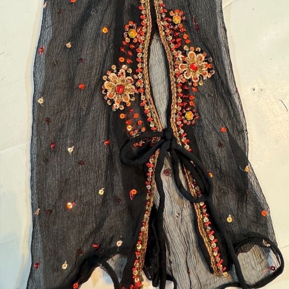 Vtg Beaded Sequined Sheer‎ Tunic Top XL Black Split Tie Sleeves Dark Whimsygoth - Picture 6 of 15